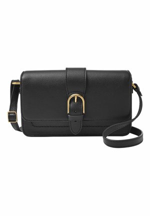 Pochette en cuir noir avec une finition texturée, dotée d'une boucle dorée, d'une bandoulière amovible et d'un design plat.
