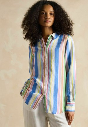 Striped button-up shirt featuring blue, pink, yellow, and green stripes, made of lightweight fabric, with a classic collar and button placket.