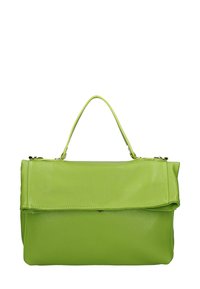 Groene leren handtas met een vouw-over ontwerp, gladde textuur en een korte handgreep. Voorzien van goudkleurige hardware voor sluiting en accenten.