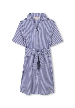 Robe chemise rayée en bleu et blanc, à manches courtes, avec un col et un détail de taille nouée. Fabriquée en tissu léger avec une coupe décontractée.