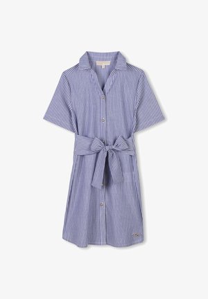 Robe chemise rayée en bleu et blanc, à manches courtes, avec un col et un détail de taille nouée. Fabriquée en tissu léger avec une coupe décontractée.