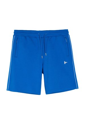 Niebieskie szorty sportowe wykonane z miękkiego materiału, z elastycznym pasem na sznurek, dwoma bocznymi kieszeniami i białymi paskami po bokach.