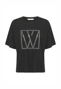 T-shirt noir à manches courtes en tissu doux, orné d'un design de carré en strass scintillants avec des lignes entrecroisées.