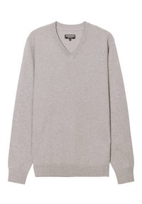 Maglione a scollo a V in grigio chiaro, realizzato in tessuto a maglia. Caratterizzato da maniche lunghe e polsini e orlo a coste. Texture liscia con design minimale.