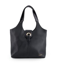 Sort læder tote bag med en struktureret overflade, dobbelt håndtag, rund lås-lukning, og en guldfarvet accent på forsiden. Brandnavn vist.
