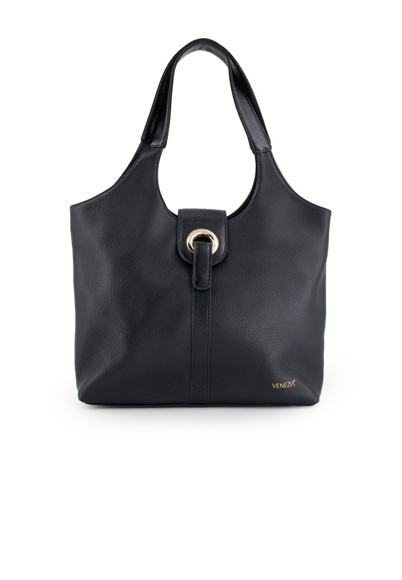 Sort læder tote bag med en struktureret overflade, dobbelt håndtag, rund lås-lukning, og en guldfarvet accent på forsiden. Brandnavn vist.