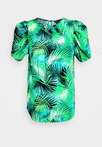 Blusa a maniche corte con stampa di foglie tropicali verdi. Realizzata in tessuto leggero, presenta un collo rotondo e sottili maniche a sbuffo.