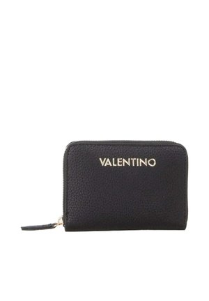 Black textured leather wallet with gold zipper and "VALENTINO" logo in gold metal letters on front.