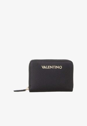 Black textured leather wallet with gold zipper and "VALENTINO" logo in gold metal letters on front.