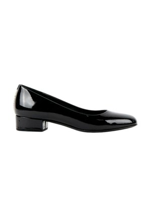 Chaussure femme habillée en cuir verni noir à talon bas, bout arrondi et talon bloc sur fond blanc.