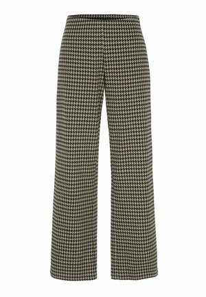 Hoch taillierte, weit geschnittene Hose mit schwarzem und beigem Hahnentrittmuster, ohne sichtbare Verschlüsse oder Taschen.
