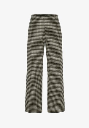 Hoch taillierte, weit geschnittene Hose mit schwarzem und beigem Hahnentrittmuster, ohne sichtbare Verschlüsse oder Taschen.