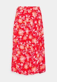 Gonna floreale rossa con un motivo vivace e accenti rosa e gialli, realizzata in tessuto leggero, con un design svasato e pieghe.