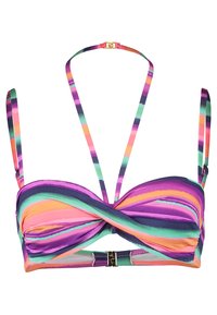 Multikleurige bikinitop met een gedraaide voorkant. Heeft paarse, roze en groene strepen. Verstelbare bandjes en een gouden metalen sluiting aan de achterkant.