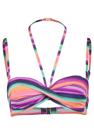 Mehrfarbiger Bikini-Oberteil mit einem verdrehten Vorderdesign. Enthält lila, rosa und grüne Streifen. Verstellbare Träger und goldener Metallverschluss auf der Rückseite.