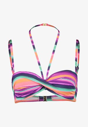 Mehrfarbiger Bikini-Oberteil mit einem verdrehten Vorderdesign. Enthält lila, rosa und grüne Streifen. Verstellbare Träger und goldener Metallverschluss auf der Rückseite.