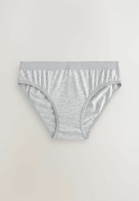 Graue Baumwollunterwäsche aus einem weichen, dehnbaren Stoff, mit einem passenden elastischen Bund, der mit "NEXT" beschriftet ist, im Schnitt einer Panty.