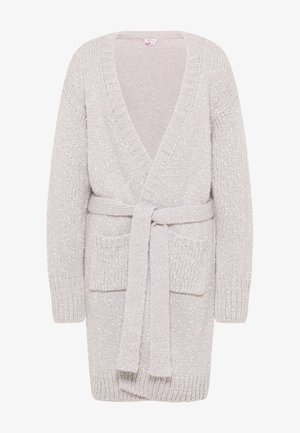 Light gray, chunky knitted cardigan with a V-neck, wide sleeves, side pockets, and a tie belt; features a subtle speckled texture.