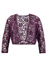 Zkrácená bunda z bohaté fialové krajky, s dlouhými rukávy a květinovými vzory. Otevřený přední díl s průsvitnými detaily.