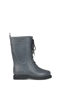 Bottes de pluie en caoutchouc grises avec un devant à lacets, un embout rond et une tige texturée, arborant un détail de logo en haut et une semelle robuste.