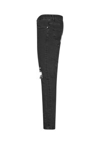 Jeans ajustados negros con un acabado desgastado, con detalles rasgados en las rodillas, cinco bolsillos y una cintura de altura media. Fabricados con material de mezclilla.