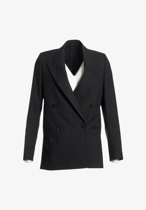 Blazer doppiopetto nero con quattro bottoni e rever a asola, mostrato su sfondo bianco.