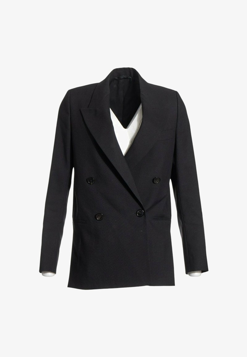 Blazer croisé noir à quatre boutons avec revers crantés, présenté sur fond blanc.