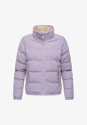 Light purple corduroy puffer jacket with a high collar, front zipper, and two side pockets. Ribbed cuffs, soft lining.
