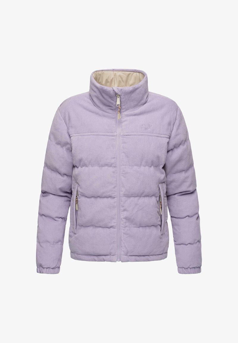 Šviesiai violetinė kordūroja pūkinė striukė su aukštu apykakle, priekiniais užtrauktukais ir dviem šoninėmis kišenėmis. Raštuoti rankogaliai, švelnus pamušalas.