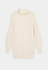 Pull surdimensionné couleur crème avec un motif en maille texturée, col montant et manches longues légèrement bouffantes. Matière douce et confortable.