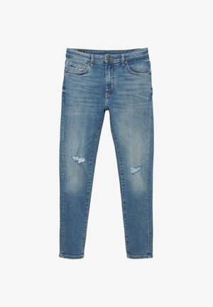 Kék farmer skinny nadrág, mindkét térdnél koptatott foltokkal, klasszikus ötlovas zsebbel és gombos derékzárral.