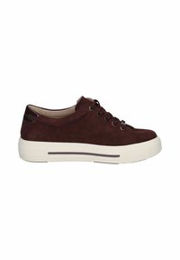 Dark burgundy suede sneaker with a white rubber sole, featuring round laces and a small accent stripe near the sole.