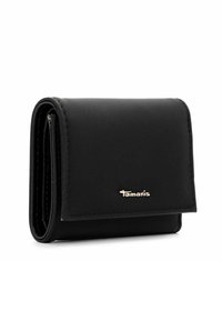 Black wallet with a textured surface, fold-over design, and a gold logo accent. Features multiple compartments for cards and cash.