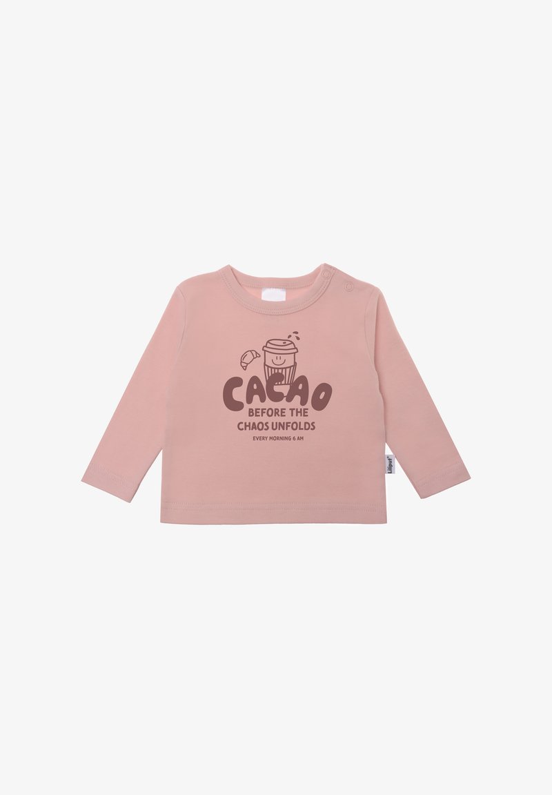 Light pink long-sleeve shirt featuring a printed design of a smiling coffee cup and text. Made of soft fabric with shoulder snaps for easy wear.