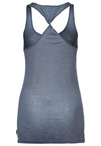 Blauw mouwloos tanktop met een gedraaid achterontwerp, gemaakt van een zachte, lichte stof, met een soepele textuur en slim fit.