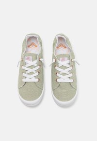 Grønne tekstil-sneakers med hvite gummisåler. Klassisk snøring med roségulldetaljer og mønstrete innvendig fôr.