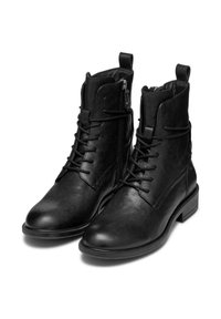 Stivaletti in pelle nera con lacci davanti, zip laterale e suola in gomma. Texture liscia con design a tacco basso.
