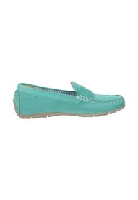Türkisfarbene Wildleder-slipper mit strukturiertem Finish, einem dekorativen Oberstich und einer leichten Gummisohle mit horizontalen Rillen.