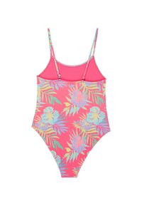 Maillot de bain une pièce rose avec motifs floraux multicolores et designs de feuilles. Doté de fines bretelles réglables et d'un décolleté en rond.