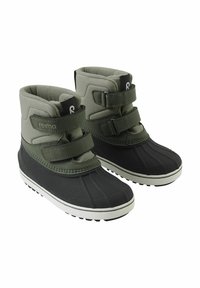 Green and black waterproof winter boots with velcro straps, padded upper, rubber sole, and textured finish for grip and insulation.