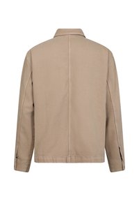 Beige Baumwolljacke mit Kragen, langen Ärmeln und seitlichen Schlitzen. Die Rückseite zeigt ein sauberes Design mit zentraler Nahtgestaltung.