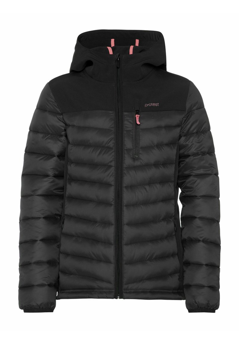 Giacca a vento nera con zip frontale, polsini elastici e cappuccio. Presenta dettagli in rosa e una tasca sul petto. Design testurizzato e isolato.