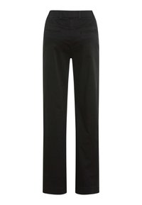 Zwarte rechte pijpen broek met een middelhoge taille, voorzien van twee achterzakken en een soepele katoenmix stof.