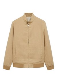 Veste légère beige avec col montant, fermeture éclair avant, bouton pression au niveau du cou, deux poches avant et poignets et ourlet côtelés.