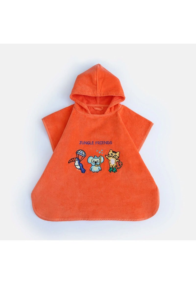 Orange hooded children's poncho with "Jungle Friends" text and embroidered toucan, koala, and tiger characters on front.