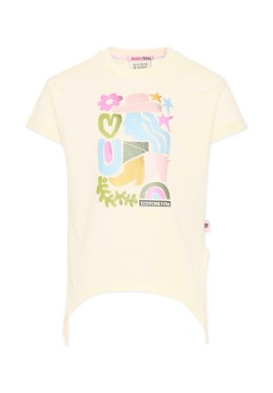 Kremowa koszulka z kolorowym abstrakcyjnym nadrukiem, zawierającym kapelusz, serce, gwiazdy, tęczę oraz logo "Scotch & Soda" z przodu.