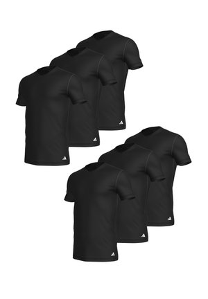 Sæt af seks sorte kortærmede t-shirts med V-hals, med kontrastfarvet hvid syning og et lille hvidt logo nederst til venstre.