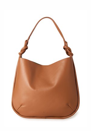 Borsa a tracolla in pelle marrone con forma morbida e arrotondata, dettagli con nodi sulla tracolla e discreto emblema con logo sul davanti.