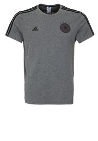 Lyhythihainen harmaa T-paita, joka on valmistettu puuvillakankaasta. Hihassa on mustat raidat ja rinnassa ympyrälogo, jossa on tähtiä.