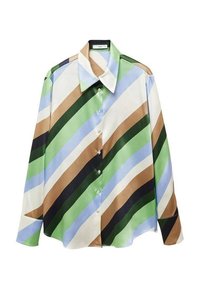 Langärmliges Hemd mit einer breiten Kragen und diagonalen Streifen in Grün, Blau, Beige, Schwarz und Weiß auf einem seidenartigen Stoff.
